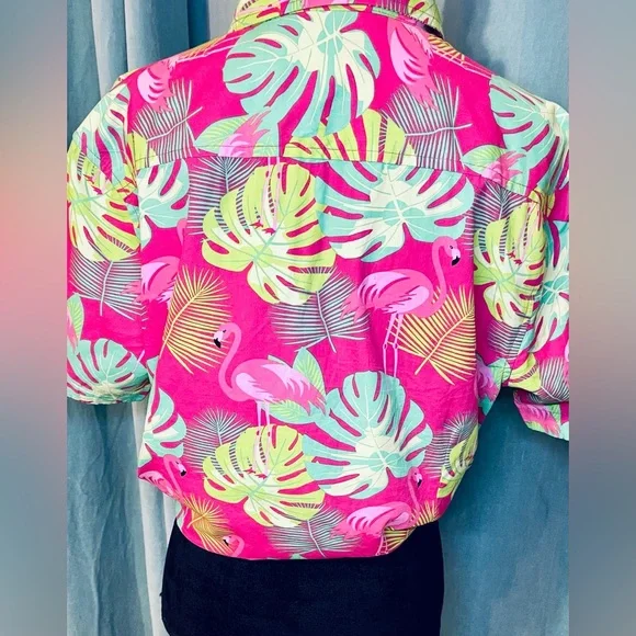 Massive Flamingo Hawaiian Shirt Size Small Pink Green Bright Button Up - Picture 9 of 13